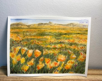 Campo di papaveri gialli Pittura ad acquerello originale, Pittura di fiori da giardino, Papaveri della California dell'acquerello, Illustrazione floreale