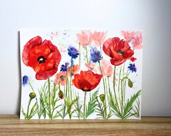 Common Red Poppies Original Watercolour Painting, Garden Flowers Painting, Watercolor Red Poppy