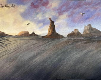 Watercolor Seascape Painting A4 size, Ocean Sunset Painting