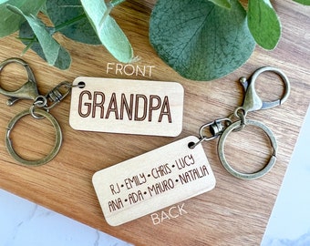 Double Sided Engraved Personalized Father's Day Gift, Wood keychain gift for Dad , Grandpa gift w/ Grandkids name, Father day gift from kids