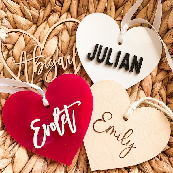 V-day Basket Tags, Personalized Name Tag, Valentine's gift for Her Him Kids Basket, Acrylic Heart Shape, Wood Heart Tag, Engraved Heart