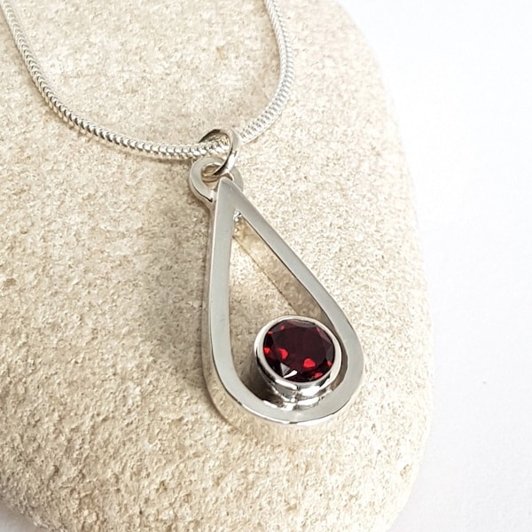 Silver Garnet Necklace, Sterling Silver Teardrop Pendant, Red Berry Coloured Necklace, Handmade UK, Sustainable Jewellery, Birthday Gift