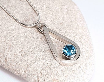 Sterling Silver Gemstone Necklace, Silver Teardrop Pendant, Genuine Birthstone, UK Hallmark, Handmade Jewellery UK, Birthday Gift Necklace