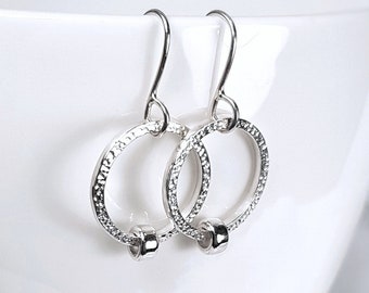 Silver Hoop Earrings, Sterling Silver Circle Earrings with Charms, Solid Silver Drop Earrings, Handmade Jewellery UK, Birthday Gift for Her