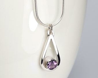 Amethyst Pendant Necklace, Sterling Silver Teardrop Pendant, February Birthstone, Simple Silver Necklace