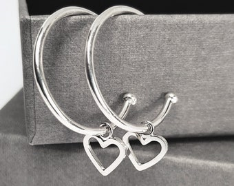 Silver Hoop Earrings with Charm, Sterling Silver C Hoops, Heart Charm Earrings, Sustainable Jewellery, Handmade Birthday Gift, Gift for Her