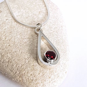 Silver Garnet Necklace, Sterling Silver Teardrop Pendant, Red Berry Coloured Necklace, Handmade UK, Sustainable Jewellery, Birthday Gift