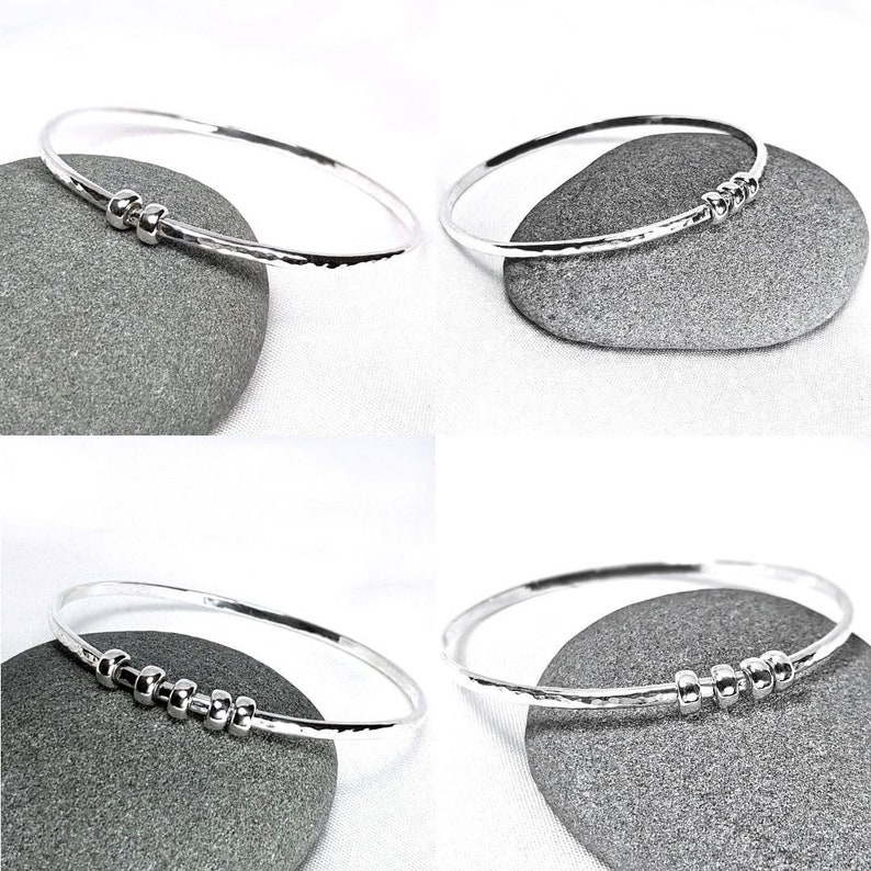 Sterling Silver Bangle Bracelet, Hammered Silver Bangle with Ring Charms, Charm Bracelet, Fidget Jewellery, Birthday Bangle with Charms image 2