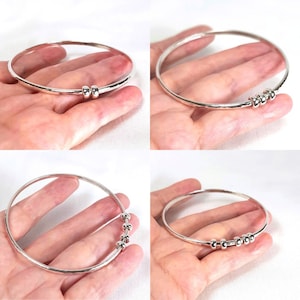 Sterling Silver Bangle Bracelet, Hammered Silver Bangle with Ring Charms, Charm Bracelet, Fidget Jewellery, Birthday Bangle with Charms image 8