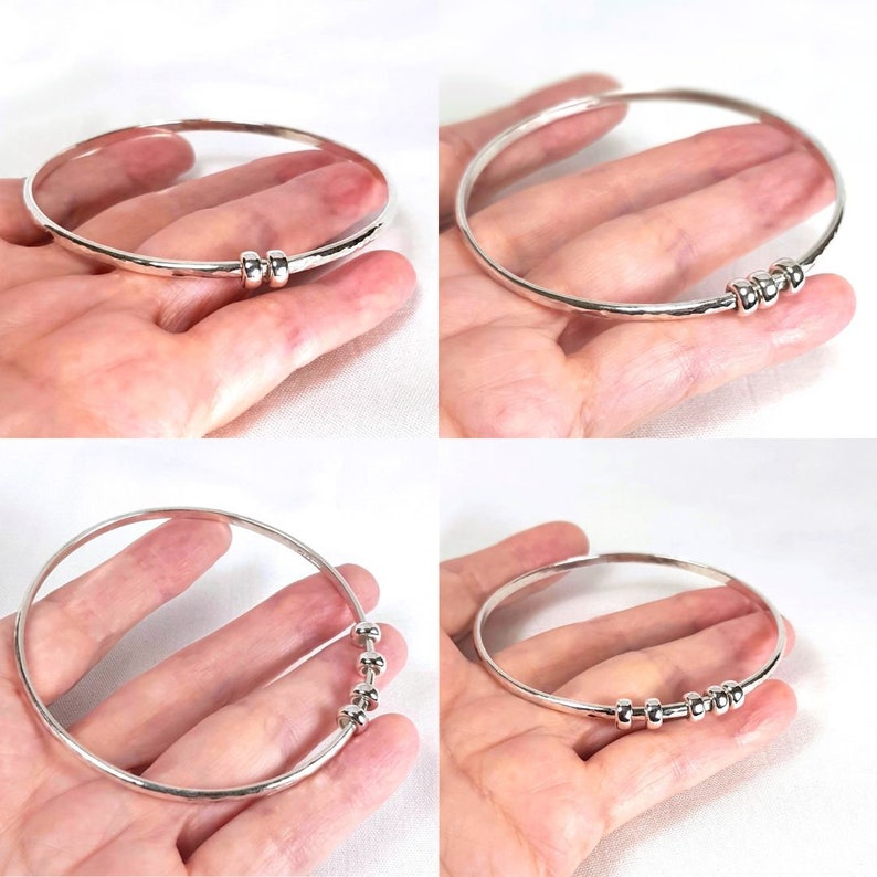 Sterling Silver Bangle Bracelet, Hammered Silver Bangle with Ring Charms, Charm Bracelet, Fidget Jewellery, Birthday Bangle with Charms image 8