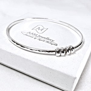 Sterling Silver Bangle Bracelet, Hammered Silver Bangle with Ring Charms, Charm Bracelet, Fidget Jewellery, Birthday Bangle with Charms image 5