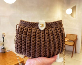 Crochet Shoulder Bag, Crochet Handbag Knit Tote Bag, Leather Crossbody Bag, Knitting Project Bag, Personalized Leather Tote Bag for Women