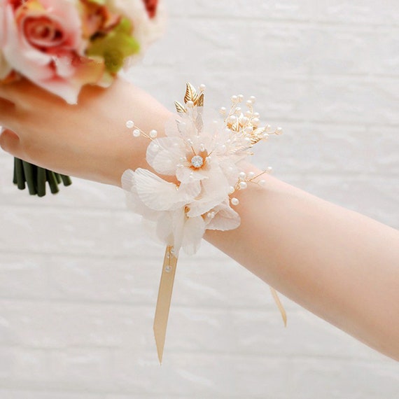 Wrist Corsage Bracelets, Wedding Bridal Corsage Bridesmaid Pearl Leaf Wrist  Flower, Bridesmaid Hand Flowers, Corsage Wristlet Band 