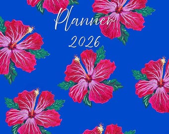 Digital kalender med rosa hibiskus - direkt digital nedladdning
