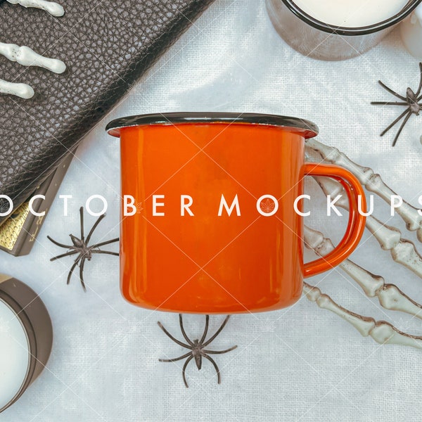 Orange halloween mug mockup | Enamel mug mock up | Halloween sublimation mockup | Mug mockup Halloween | Mug mockup witches