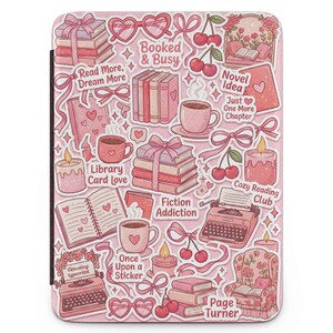 Kindle-fodral för bokälskare | Rosa läs-Kindle-fodral | Böcker och kaffe med rosetter för e-läsare