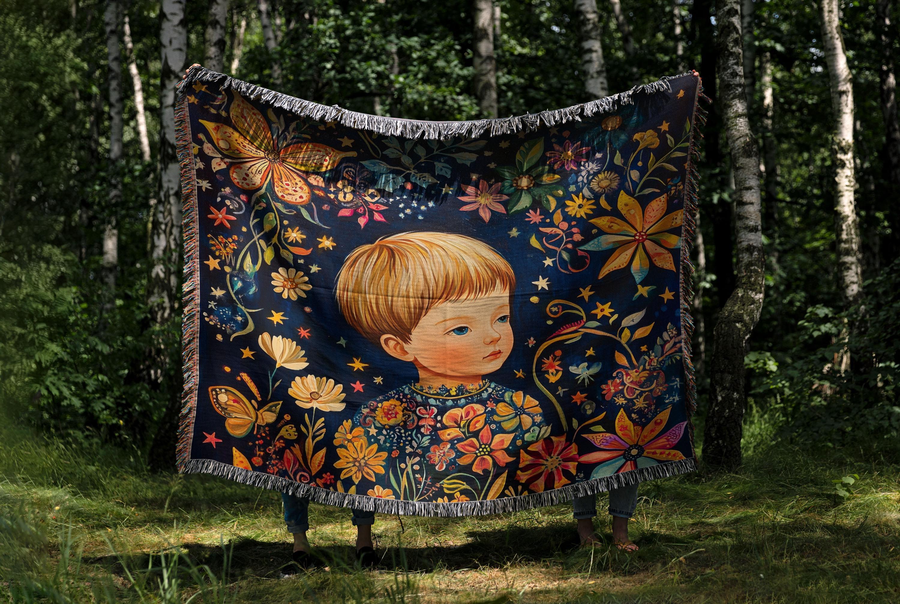 ロシアの民芸品織りブランケット – ヴィンテージ風コットンスロー、花