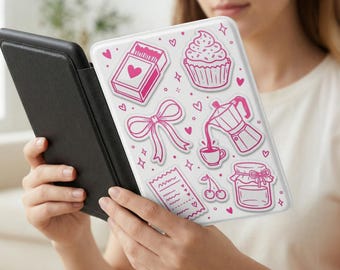 Pink Doodle Kindle Paperwhite Case, Coquette Bow Cupcake Coffee Aesthetic E Reader Cover, Cute Girly Book Lover Gift, Kindle Sleeve