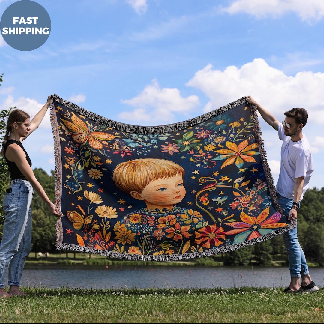 ロシアの民芸品織りブランケット – ヴィンテージ風コットンスロー、花