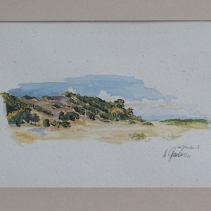 Mid Century 39 X 48 WATERCOLOR On Cardboard Aquarelle PAINTING  ISLAND Seaside 50s 60s Modern aRT  Wall Decor Framed Signed mcm