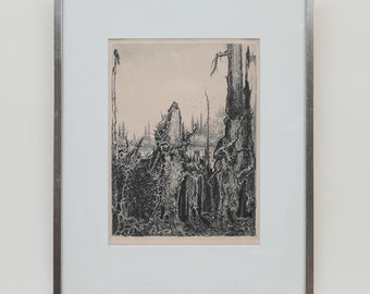 42 x 51 Vintage 50s' Signed ETCHING Print 60s 70s 80s Scandinavian Abstract Art