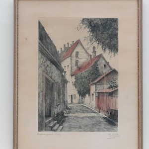 Vintage Aquaforte Etching: Swedish Visby Street Art (56x45)