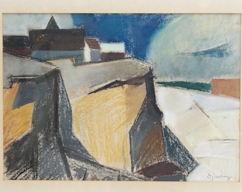 44 X 54 Mid Century CUBIST PASTELS PAINTING Cliff Searocks Landscape Painting 40s 50s Scandinavian Art  Antique Cubist Wall Art Signed mcm