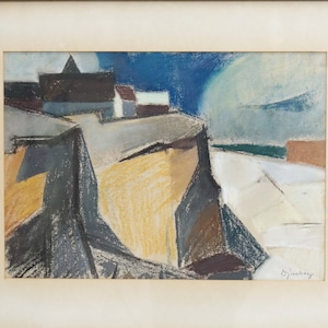 44 X 54 Mid Century CUBIST PASTELS PAINTING Cliff Searocks Landscape Painting 40s 50s Scandinavian Art  Antique Cubist Wall Art Signed mcm