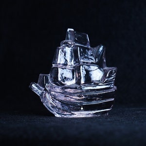 Blue Crystal Glass Ship Sculpture by Pukeberg Glasbruk - 70s 80s Scandinavian Glassworks