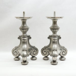 Pair of ANTIQUE J L Hultman TIN CANDLESTICKS Svensk Tenn Candle Holders Tinn  Art Deco Hollywood Regency 40s 50s Decor