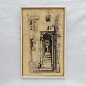 51 X 32 Old Signed WATERCOLOR Painting 40s 50s 60s Steet View Vintage Wall Hanging Home Office Decor