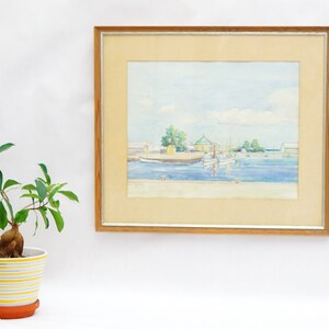 48 X 58  WATERCOLOR On Cardboard Aquarelle PAINTING Coastal Seaside 50s 60s Modern aRT For Livingroom  Wall Decor Framed Signed mcm