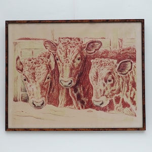 50 x 63  Vintage LITHOGRAPHY Mid Century Art Cows Animals  50s 60s  Scandinavian Wall Print Art
