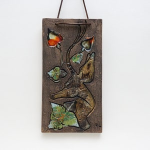 30 x 16 Vintage  CERAMIC WALL TILE Signed Wall Hanging Plaque Tile Vintage Swedish Handmade Pottery Floral 50s 60s Decor