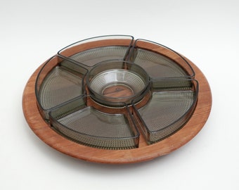 7 x 35 Mid Century Modern DIGSMED DENAMRK Teak & Glass Rotating Serving Tray Plate Vintage 60s 70s 80s  Scandinavian  Style Decor mcm