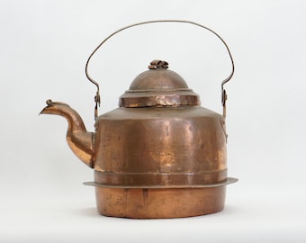 Antique Swedish Copper Kettle: Handmade Rustic Jug Pitcher, Wooden Handle