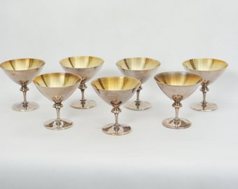 Antique Set of 7 NICKEL ALPACCA SILVER Plated Cups Calyx Chalices Champagne Cognac 50s 60s 70s Metal Tableware  Handmade  Home Decor mcm