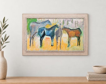 Schilderij van Harry Uvgård met paarden, Zweedse expressionistische paardensportkunst, vintage 1975 (68 x 112 cm)