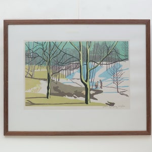 54 x 68  Vintage 70&#39;s Signed LITHOGRAPHY Landscape Motif Scandinavian Art 80s 70s Home Decor