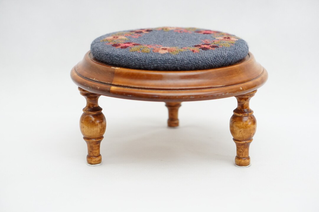 ANTIQUE WOODEN OTTOMAN Vintage Footrest With Scandinavian Wooven