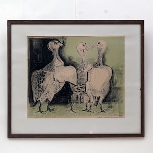 52  x 60 Vintage 1950s SIGNED LITHOGRAPHY Signed Print Handmade Scandinavian Art 80s 70s Home Decor