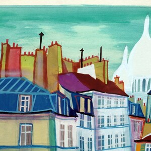 May include: A watercolor painting of a Parisian cityscape with colorful buildings and a white dome in the background.