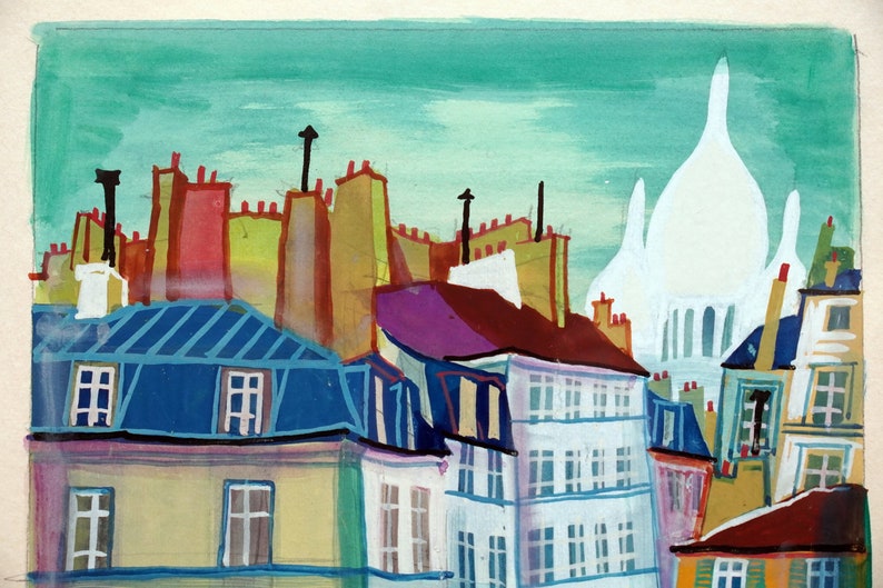 May include: A watercolor painting of a Parisian cityscape with colorful buildings and a white dome in the background.