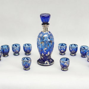 RARE Antique APA MILANO Argento 925% Set 1920-1930 Cobalt Blue Venetian Art Glass Silver Sterling 925 Floral Carafe Italian Glass Antique