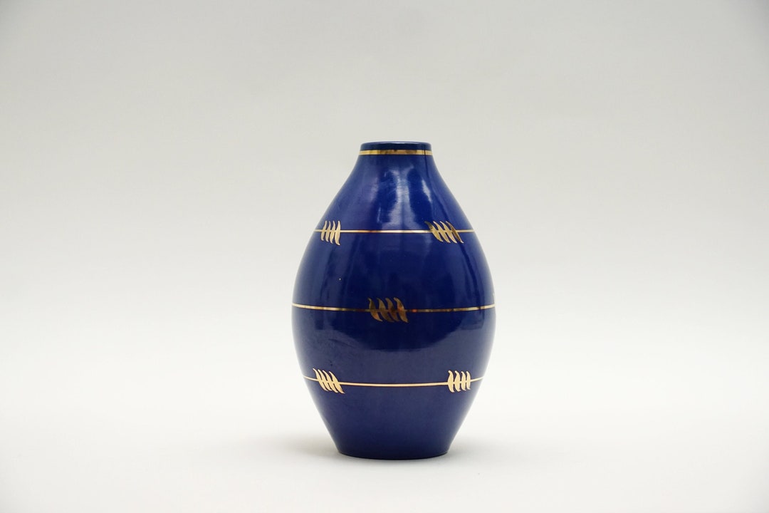 スゥエーデン Nittsjo 17 X 10 NITTSJO SWEDEN Gold Painted Blue Ceramic Vasev 50s