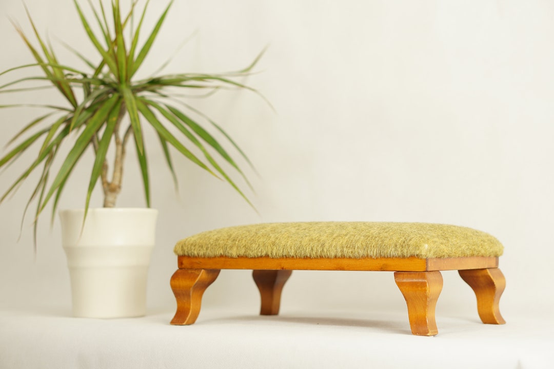 Antique WOODEN OTTOMAN With Combed WOOL Cover 30s 40s 50s Footrest