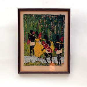 52 x 42 Vintage 90&#39;s Signed LITHOGRAPHY Africa Motif Scandinavian Art 80s 70s Home Decor