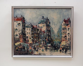 Vintage 1960s Signed Oil Painting: Scandinavian City View Art