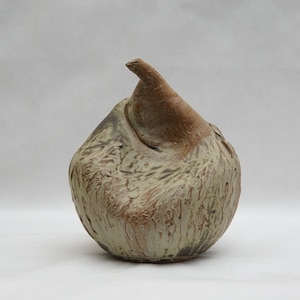 May include: A handcrafted ceramic sculpture with a unique, organic form. The piece features a bulbous base with textured, off-white and brown tones, and a prominent, upward-reaching spout. The artwork is a decorative item.
