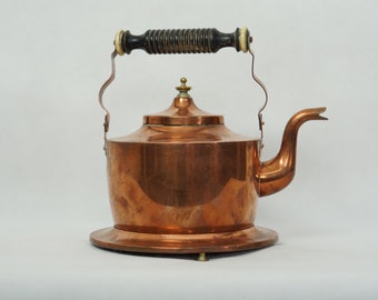 Antique COPPER KETTLE With Wooden Handle & Base Jug Pitcher Handmade Swedish Rustical Metal Pot 30s 40s 50s Vintage Camping Bushcraft mcm